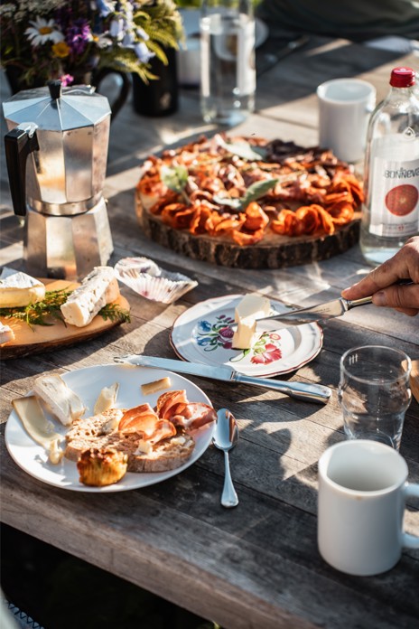 Wake to espresso, local cheese, and farm eggs at breakfast as the sun rises over Mont Pourri